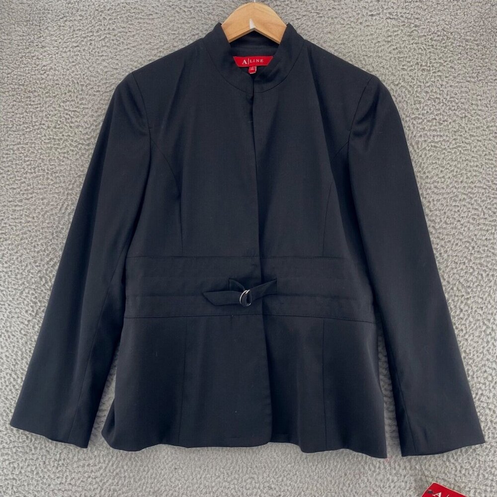 A Line Jacket Womens 8 Black Stretch Buckle Belted Waist Pockets Office Work NWT